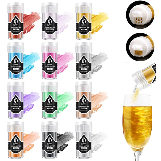Edible Glitter for Cocktails - 12 Colors Herbeklab Luster Dust Edible Drink Glitter Food Grade Metallic Shimmer Powder Cake Sprinkles for Beverage Chocolate Candy, 5g/Bottle