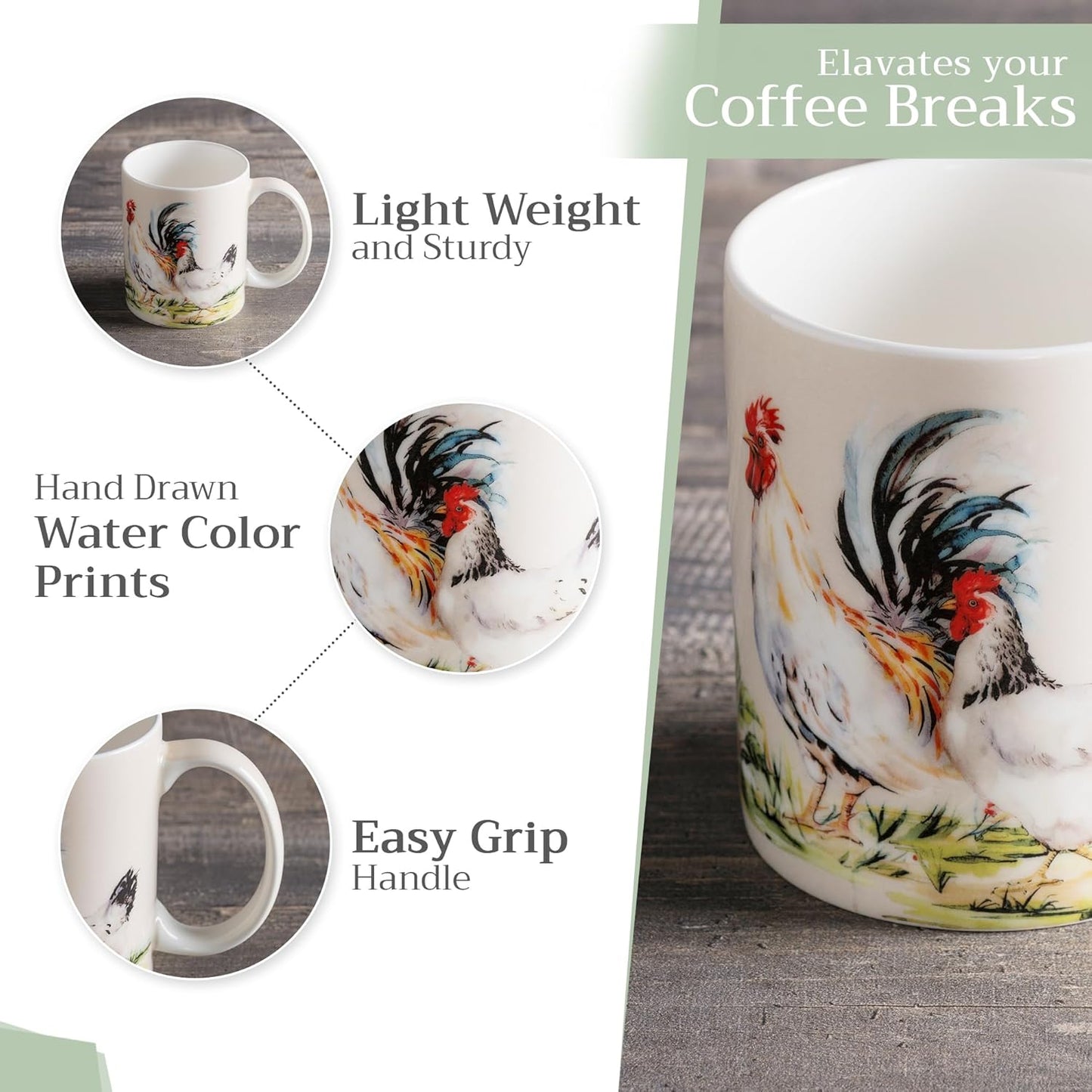 Maison d' Hermine Coffee Mug with Handles Fine Bone China Mugs Pack of One Tea Cups for Hot Beverages Cappuccino Latte Home Restaurant Office Perfect for Gift (Campagne - Basse Cour, 12 Ounce)