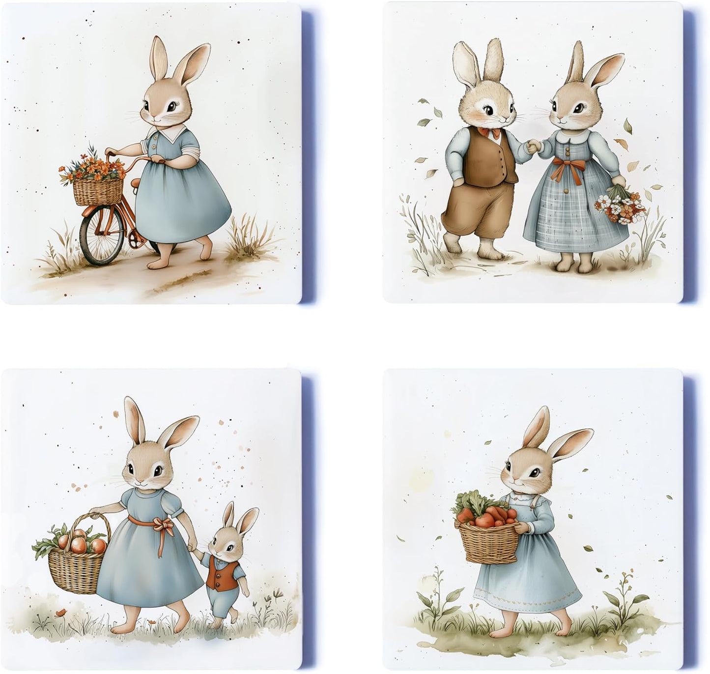 Ceramic Coasters Set of 4 – Square Drink Coasters with Cork Backing, 3.9x3.9 Inches – Decorative Printed Designs for Home, Office, or Gift Use (Mama Rabbit)