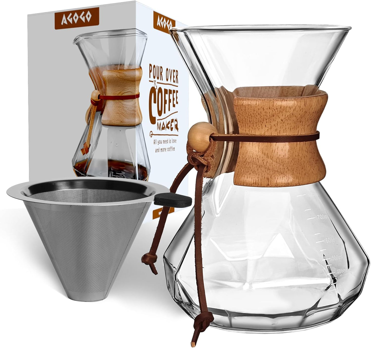 AGOGO Pour Over Coffee Maker Glass - 6/8/10 Cup Barista Kit with 304 Stainless Filter for Home, Office, Camping, Cafes - Easy Clean Coffee Dripper Set (Rag&Brush Included) (8 Cup/28 oz-Diamond Shape)