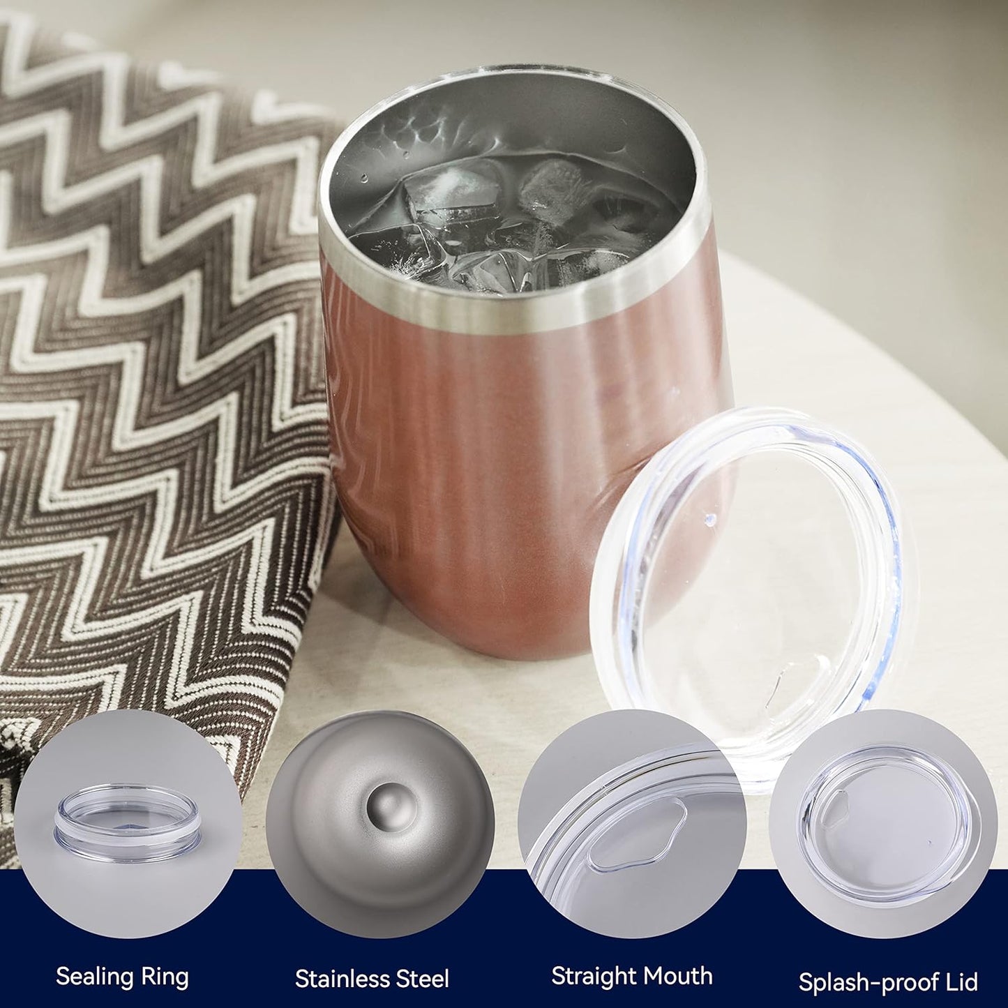 DOMICARE Stainless Steel Wine Tumbler Bulk with Lid, Personalized Rose Gold Insulated Tumblers Set, 12oz Travel Coffee Cups Pack of 4