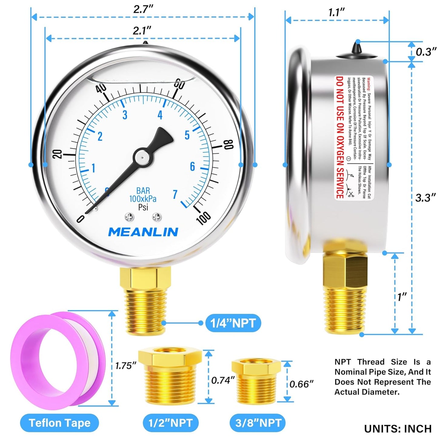 MEANLIN MEASURE 0~100Psi Stainless Steel 1/4" NPT 2.5" FACE DIAL,Liquid Filled Pressure Gauge,WOG Water Oil Air Lower Mount (Pack of 2), with 1/2" NPT and 3/8" NPT Hex Bushing