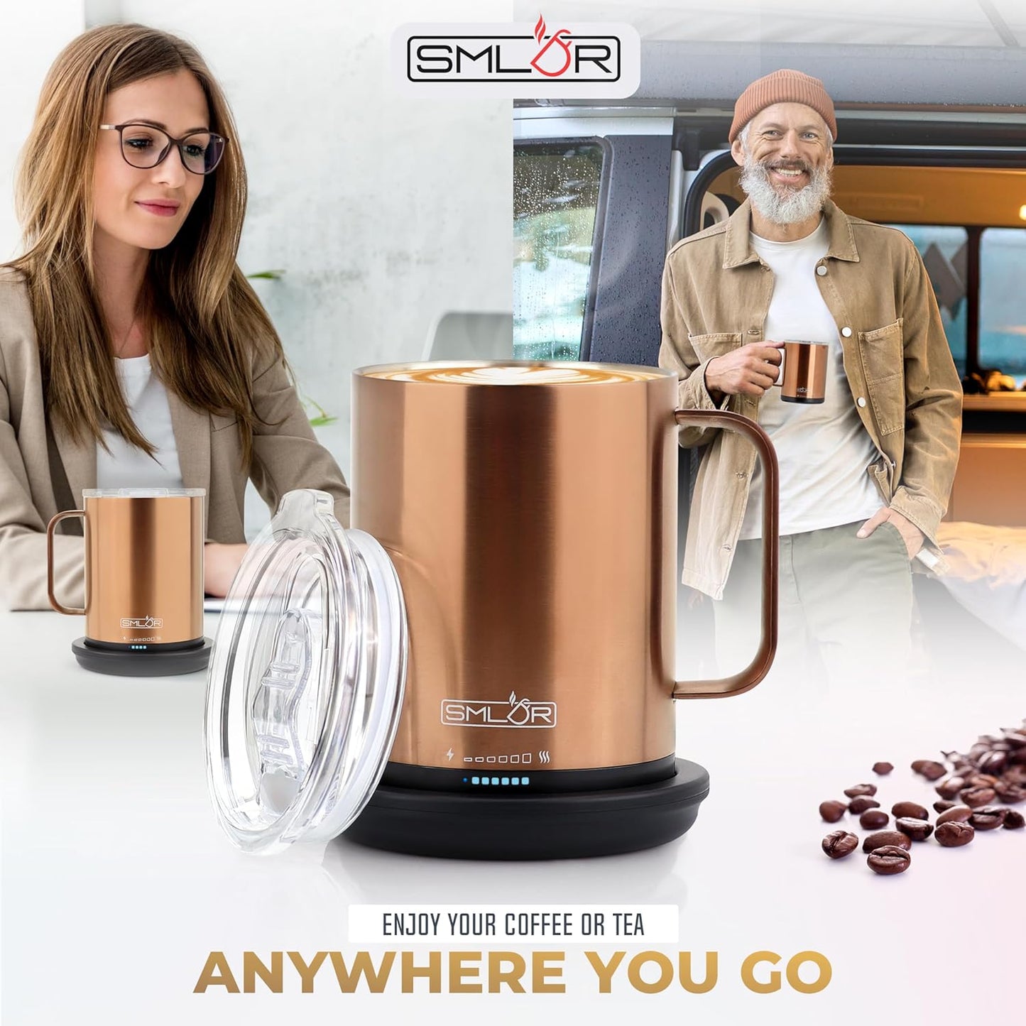 SMLDR Pro Heated Mug, 14 oz Smart Mug, Self-Heating, Adjustable Temperature, Battery Powered Heated Coffee Mug, Quick Recharge Time, Great for Coffee & Tea, Excellent Gift (Rose Gold)