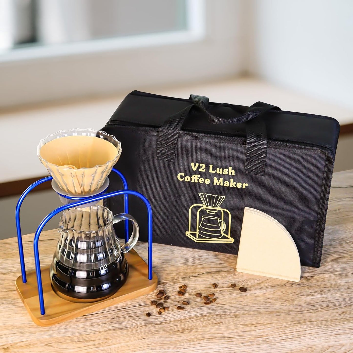 SOTECH Pour on coffee drips, filter Wooden stand Glass sharing pot with paper filter, coffee, tea and saffron set (blove)