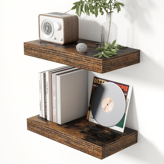 Heimlove 16 Inch Floating Shelves for Wall Rustic Brown Shelves Set of 2,Wall Mounted Rustic Wood 8 Inch Deep Floating Shelf with Invisible Brackets for Bedroom Kitchen Living Room