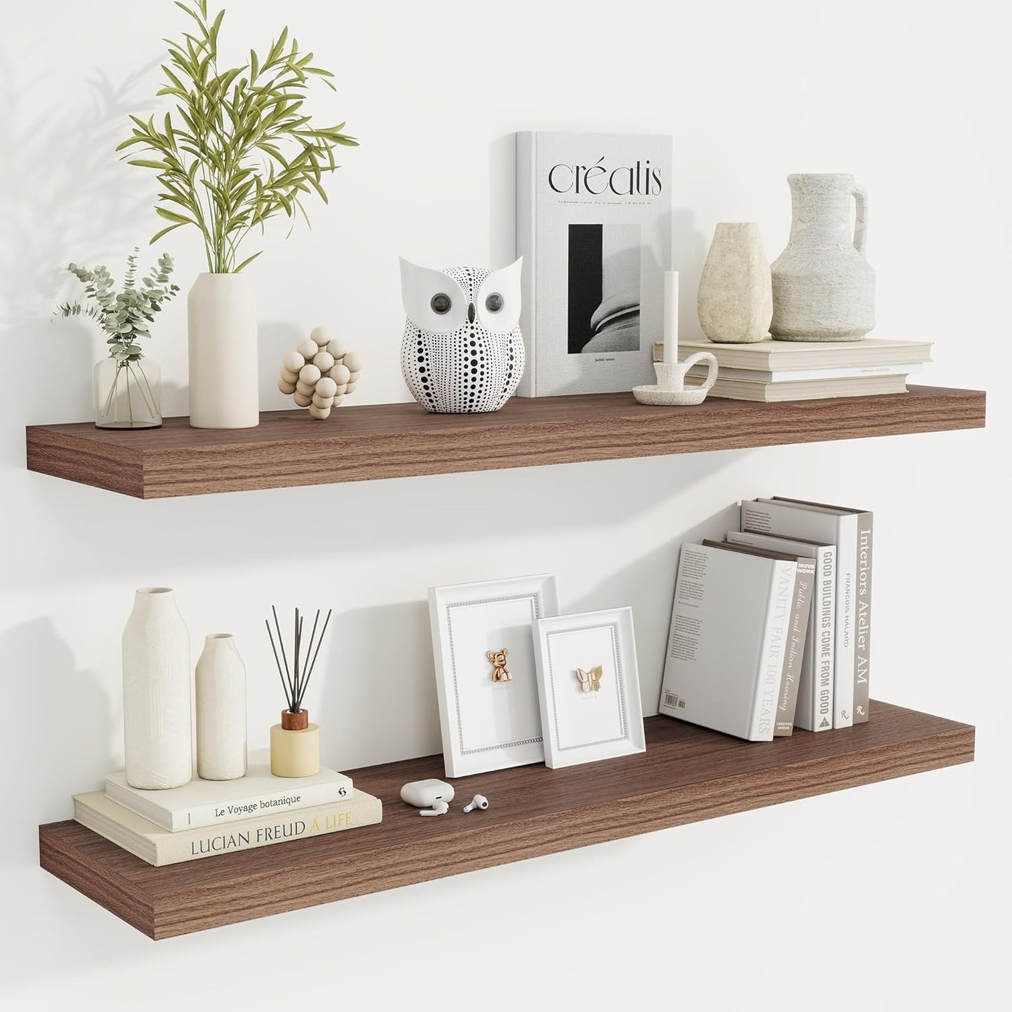 Fun Memories 40" Rustic Wood Floating Shelves with Invisible Brackets for Storage & Decor, Deep Wall Mounted Shelves for Bathroom, Kitchen, Living Room (Walnut, Set of 2)