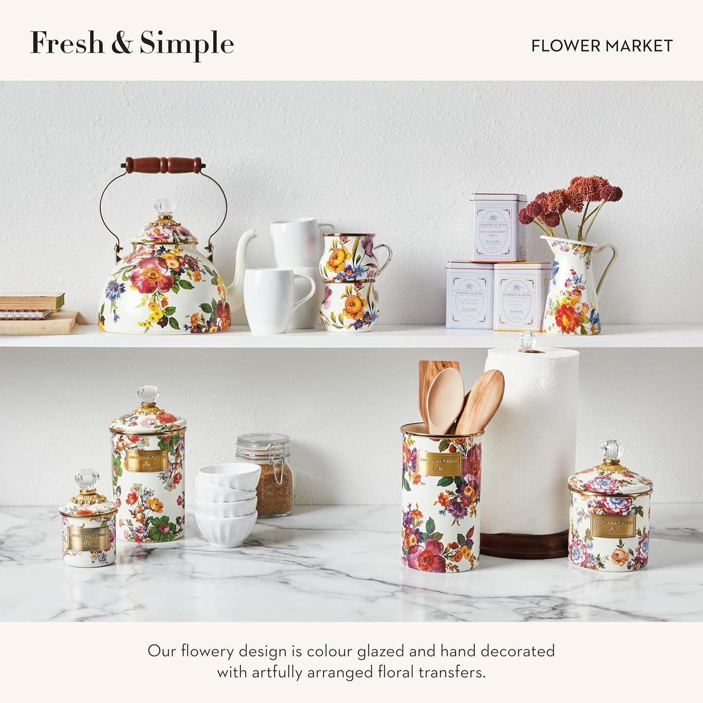 MACKENZIE-CHILDS Small Enamel Canister, Kitchen Storage Container for Flour and Sugar, 1.13 Liters, White Flower Market