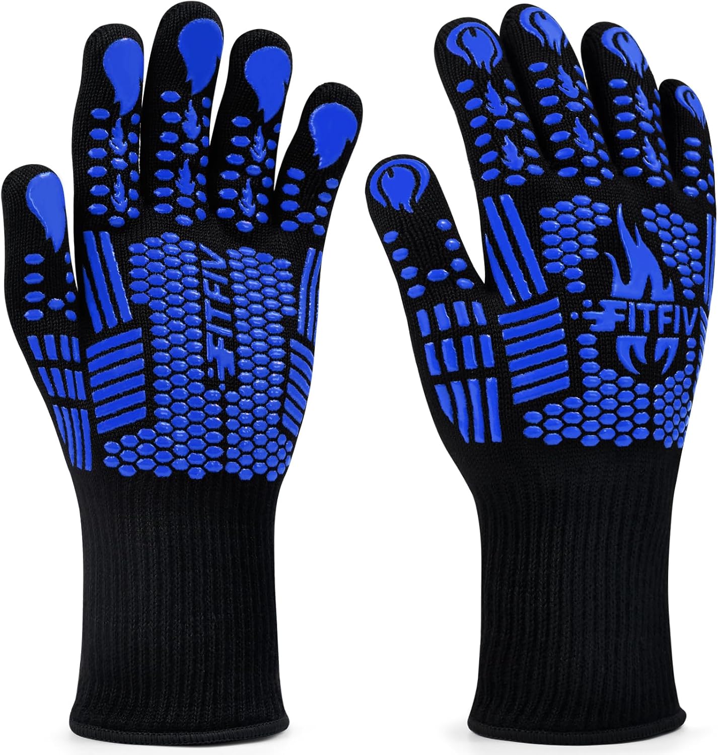 BBQ Gloves, Oven Gloves, Extreme Heat Resistant Barbecue Gloves, Silicone Non-Slip Oven Mitts, Kitchen Gloves for Cooking, Grilling, and Baking (Blue)