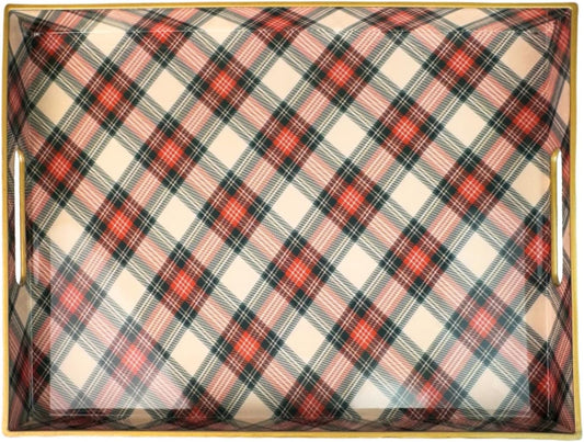 Rectangular Decorative Tray with Handles, Plastic Serving Tray for Living Room, Home Decor, Christmas，15.7" x 11.8" Red Plaid