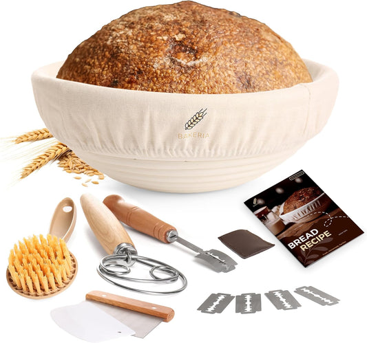 BAKERIA 9" Banneton Proofing Basket Kit (Round) – Sourdough Bread Making Set with Danish Whisk, Bread Lame + 5 Blades, 2 Scrapers, Brush, Linen Liner & Recipe Book – No Starter Culture