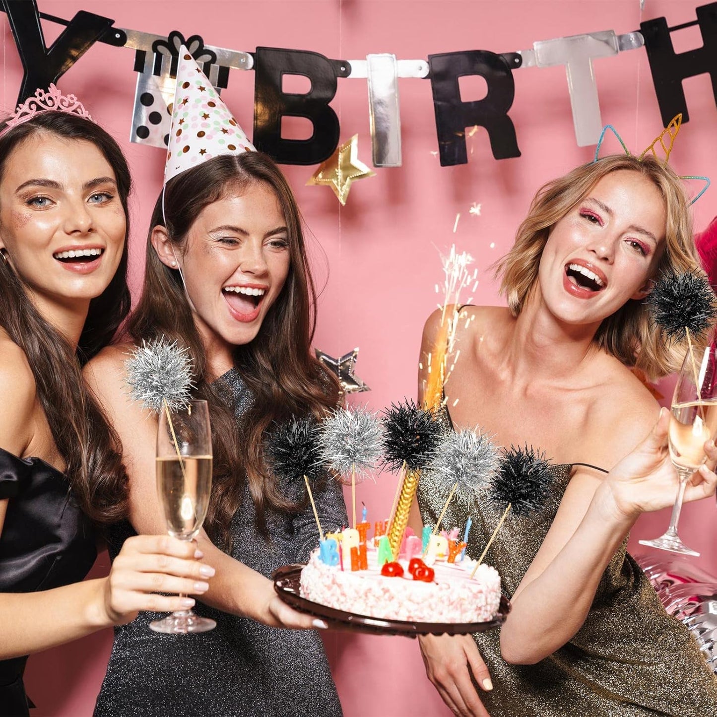 Chinco 100 Pcs Foil Firework Cupcake Toppers Sparkle Tinsel Cake Toppers Cake Decoration Cocktail Fruit Toothpick for Birthday Wedding Graduation Party(Silver, Black)