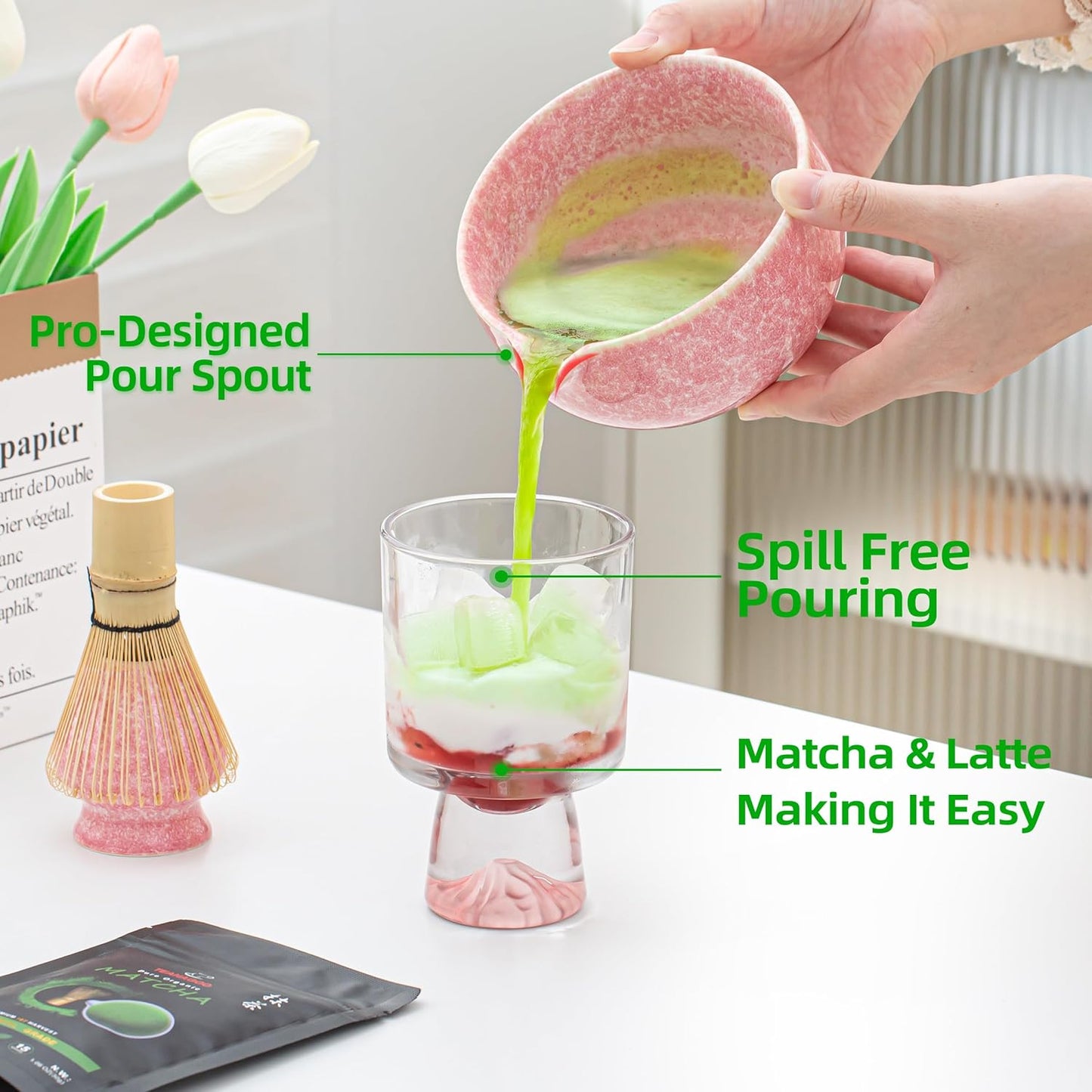 TEANAGOO Matcha Whisk Set,7 Pcs Matcha Set Pink,Ceremony Matcha Kit,Matcha Tea Set for Making Latte,Ceramic Bowl(chawan) whith Spout and Whisk,Gift for Matcha Lovers