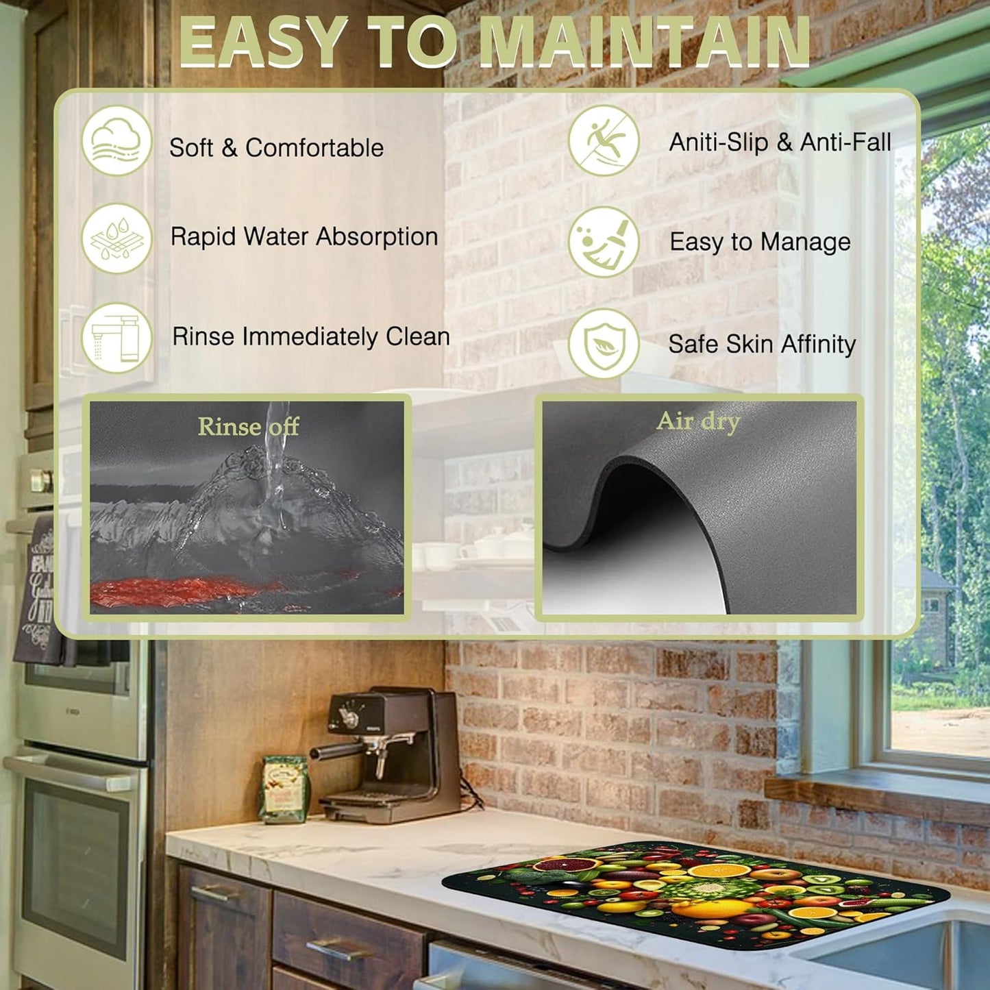 Kitchen Mat Fruits Vegetables Dish Drying Mat 16"x24" Bsorbent Coffee Maker Mat for Sink Dishes or Under Rack Kitchen Counter Accessories Absorbent Hide Stain Rubber Backed Dish Drying Pad