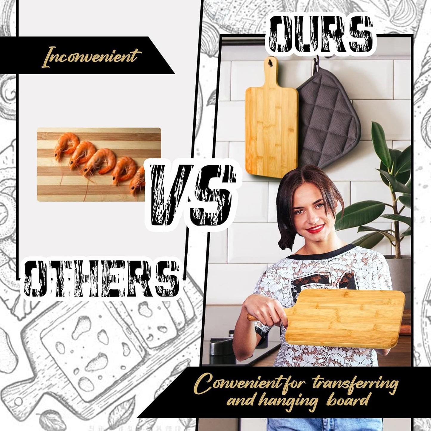 Nuenen 10 Pcs Wood Cutting Board with Handle 15.7 x 7.8 Inch Bamboo Wooden Serving Kitchen Chopping Boards for Pizza, Bread, Cheese, Charcuterie, Fruit, Vegetables(Bamboo)