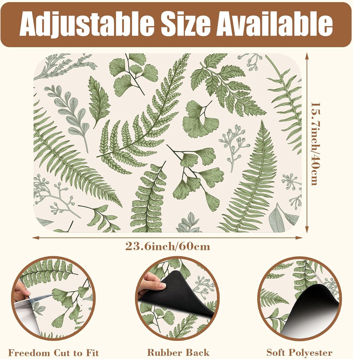 Leaves and Herbs Dish Drying Mat for Kitchen Counter Coffee Bar Mat Hide Stain Absorbent Rubber Backed Dish Drainer Rack Pad Coffee Maker Espresso Machine Table Accessories 15.7 x 23.6 Inch