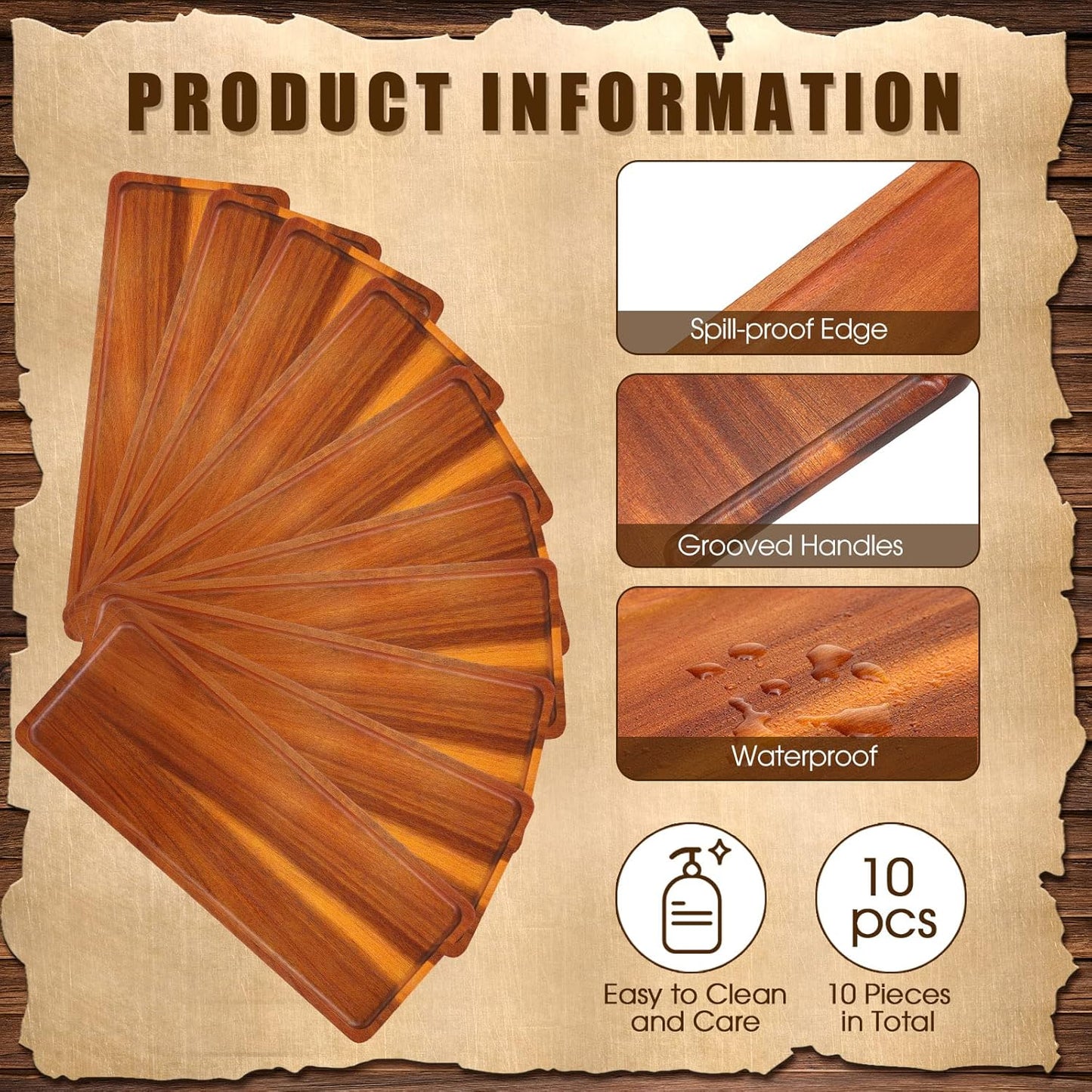 10 Pack Solid Wood Serving Trays 16.7 x 6.4 Inch Acacia Wooden Server Platter Rectangular Charcuterie Boards with Grooved Handle for Home Room Coffee Cheese Appetizer Table Farmhouse Serving Decor