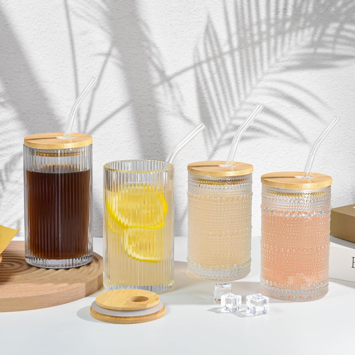13 oz Drinking Glasses Set of 4 with Bamboo Lids Straws Hobnail Boho Glassware Set Vintage Glass Cups Embossed Iced Coffee Cup for Beer Cocktail Beverage(Hobnail)