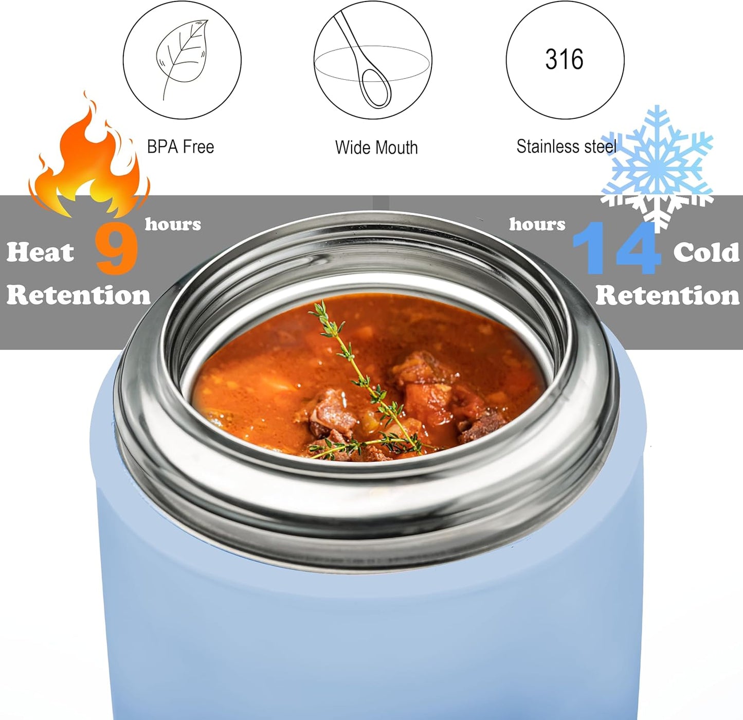 Soup Thermo for Hot Food & Drinks, Thermo Lunch Box for Kids, 17oz Vacuum Insulated Food Container with Spoon&&Drawstring Bag, Soup Therm for Adults, Blue&White