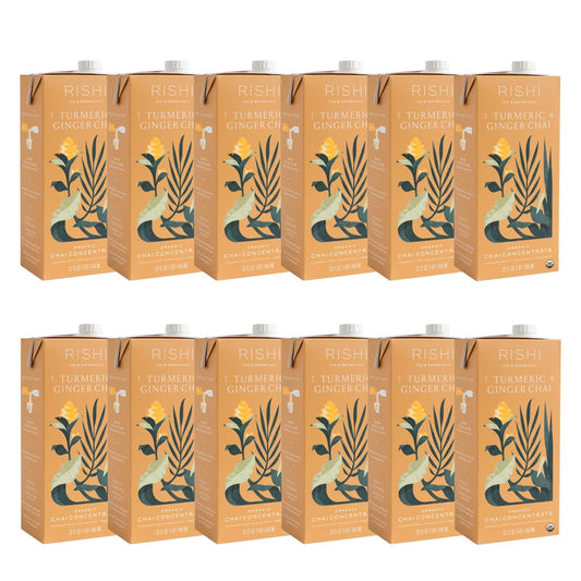 Rishi Tea Turmeric Ginger Chai Latte - Organic Herbal Tea Concentrate with Ginger - Easy-to-Serve Hot or Iced, Caffeine Free - 32 Fl Oz (Pack of 12)