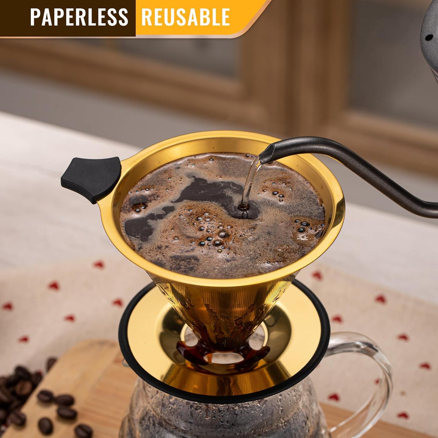 Pour Over Coffee Dripper INSINTAR Stainless Steel ReusablePour Over Drip Coffee Filter Paperless Coffee Strainer Single Cup Coffee Maker 1-4 Cup (Titanium Gold)