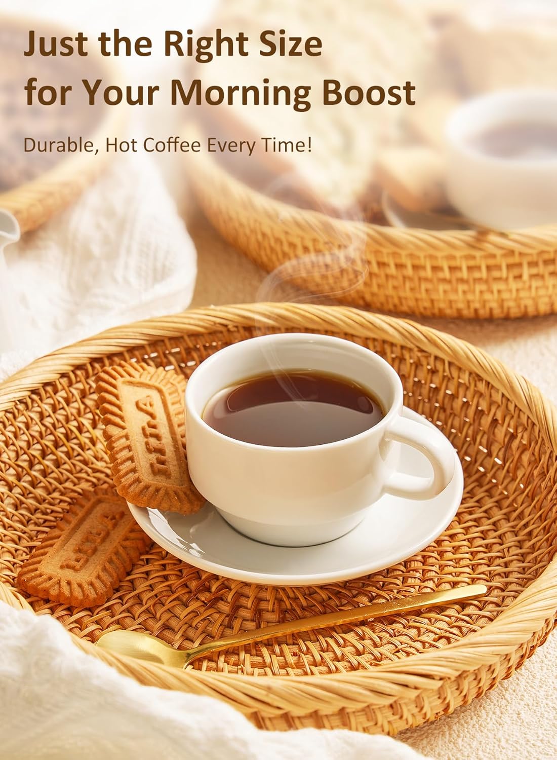 Yedio Porcelain 8 oz Coffee Cups with Saucers and Metal Stand, Porcelain Stackable Cappuccino Cups with Metal Stand, White, Set of 4