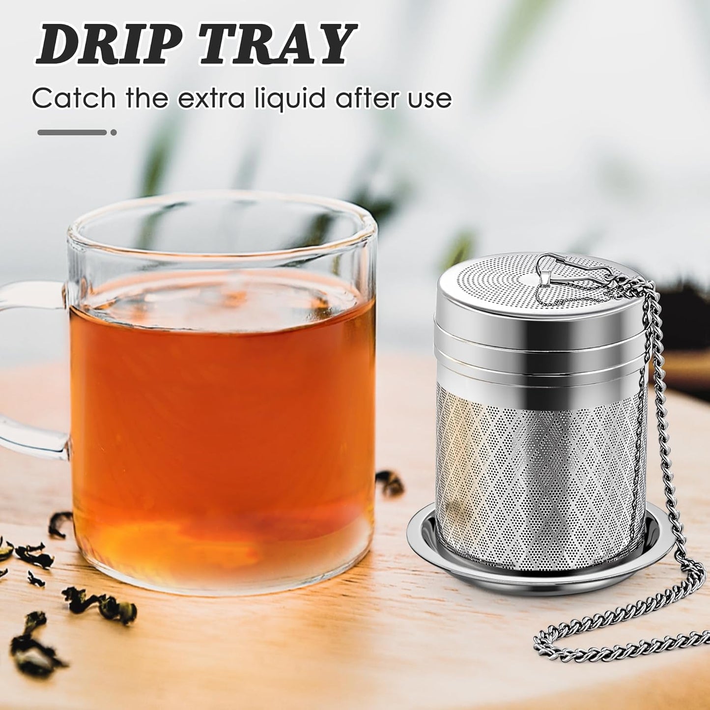 Tea Infusers for Loose Tea, Extra Fine Mesh Tea Strainers, 18/8 Stainless Steel Loose Leaf Tea Steeper Tea Diffusers with Extended Chain Hook and Drip Tray 1 Pack