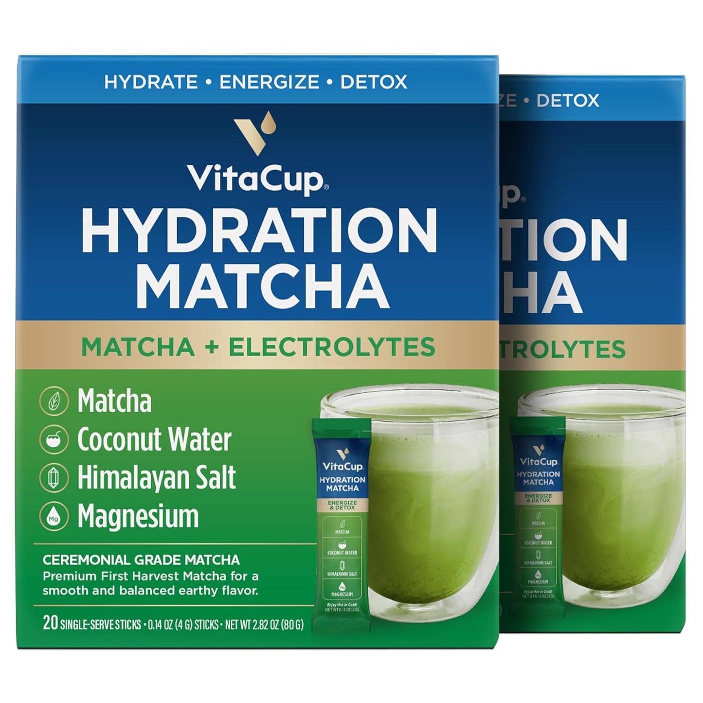 VitaCup Hydration Matcha Instant Packets, for Natural Energy and Detox, w/Electrolytes, Ceremonial Grade Organic Matcha, Coconut Water, Pink Himalayan Salt, Magnesium, in Single Serve Sticks, 40 Ct