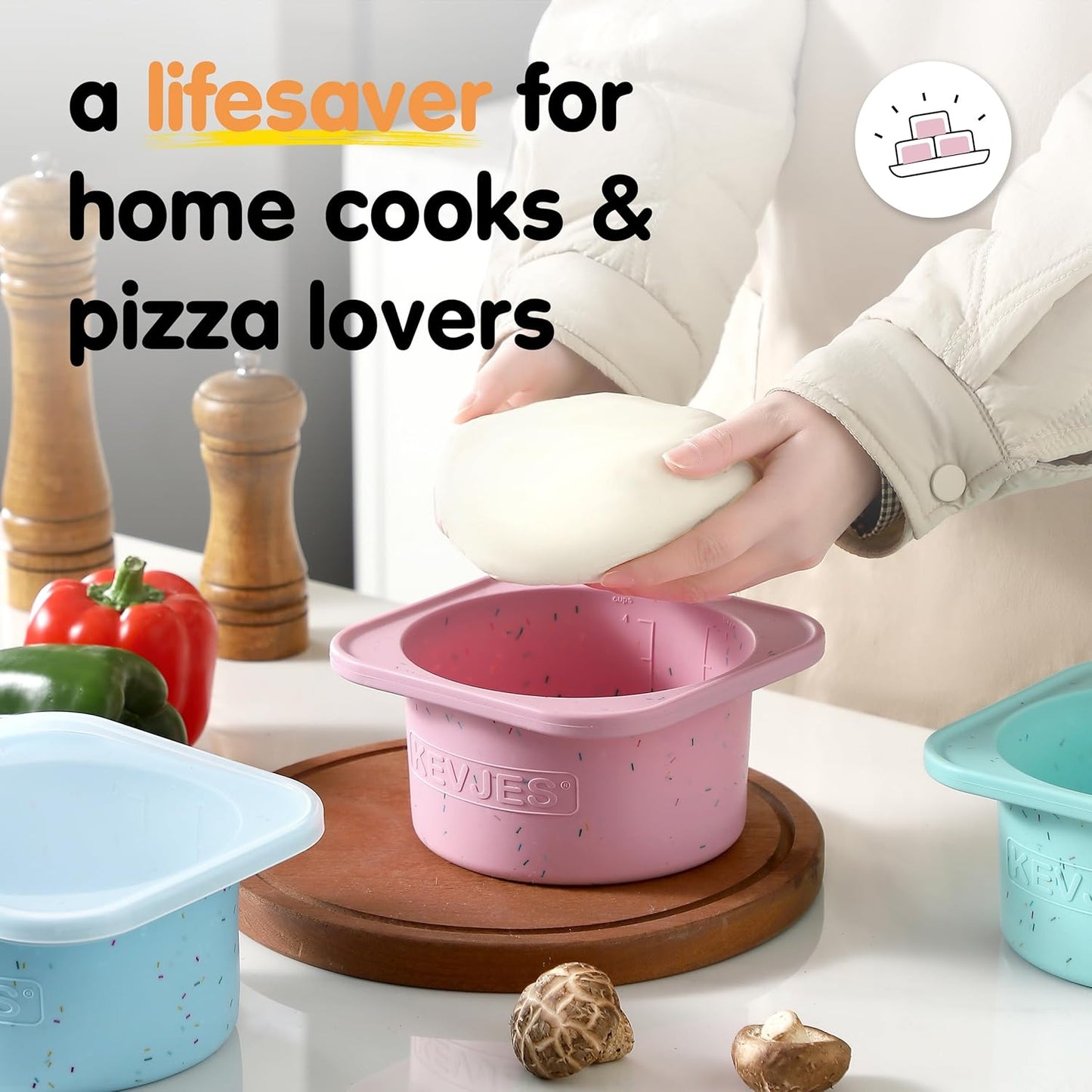 PLUS 1000ml Pizza Dough Proofing Containers for DIY family Artisan Pizza, Food Grade Silicone Stackable Boxes with Lids, Freezer, Fridge, Dishwasher Safe-Sprinkles Pattern-3 Pack (Cotton Candy)