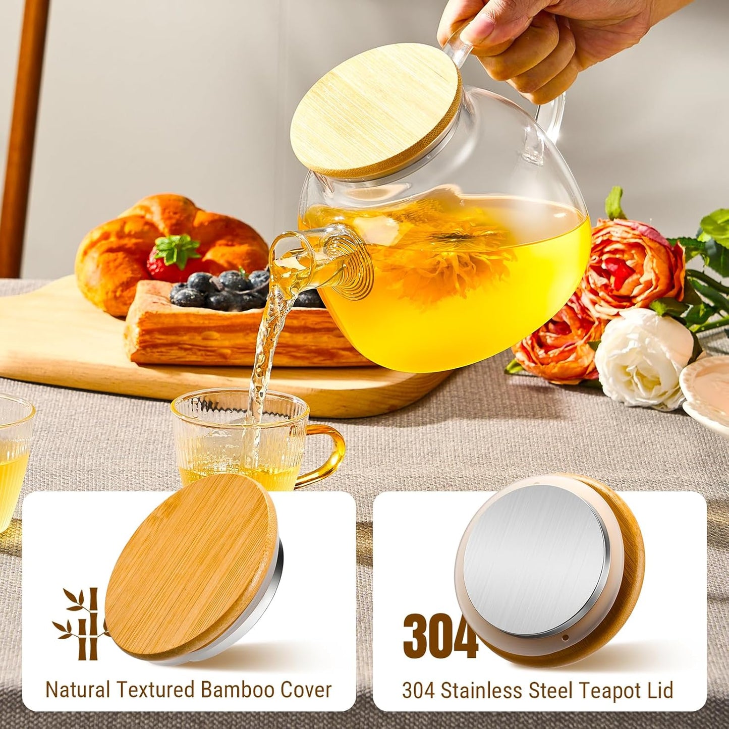 PARACITY Glass Teapot Stovetop 34 OZ, Borosilicate Clear Tea Kettle with Removable 18/8 Stainless Steel Infuser, Teapot Blooming and Loose Leaf Tea Maker Tea Brewer for Camping, Travel