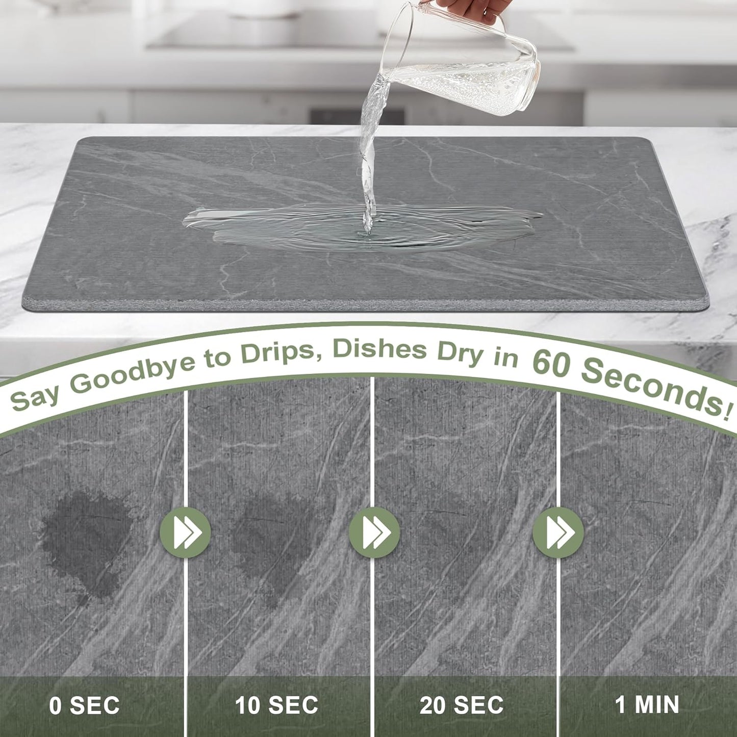 Large Stone Drying Mat for Kitchen Counter, 24" × 16" Diatomite Dish Drying Mat, Quick Dry Stone Mats, Ultra Absorbent Natural Diatomaceous Earth Mats for Dished, Bottles, Black Marble