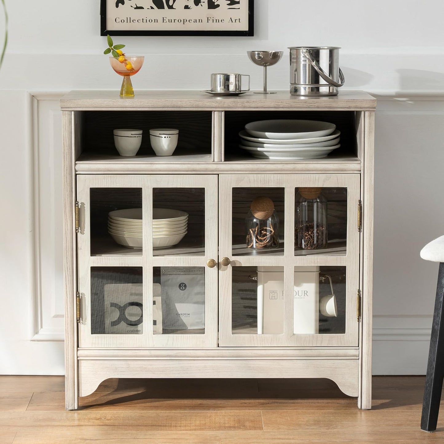 Chogori 31.5" Solid Wood Buffet Cabinet with Storage, Farmhouse Sideboard with 2 Doors, Coffee Bar Cabinet for Dining Room, Kitchen, or Living Room, Gray