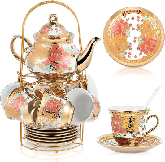Zhehao 20 Pcs Porcelain Tea Set with Metal Holder and Spoon Adult Ceramic Tea Party Set European Flower Painting Teapot Cup Saucer Spoon Set for Women, Large Version(Stylish Style)