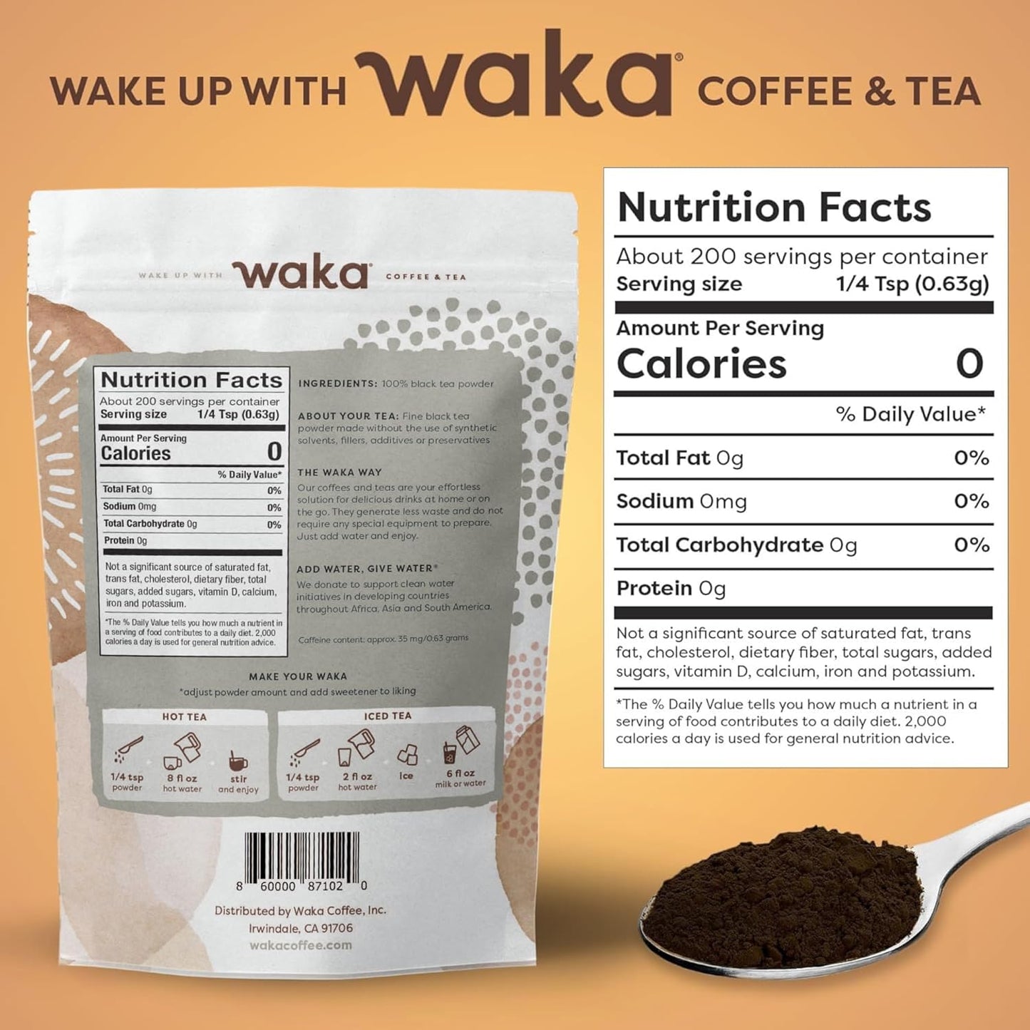 Waka Instant Black Tea Mix, Kenyan - 100% Tea Leaves, No Additives, Unsweetened Tea Powder for 50 Quarts or 200 Cups – Easy and Quick Hot or Iced Teas (4.5oz)