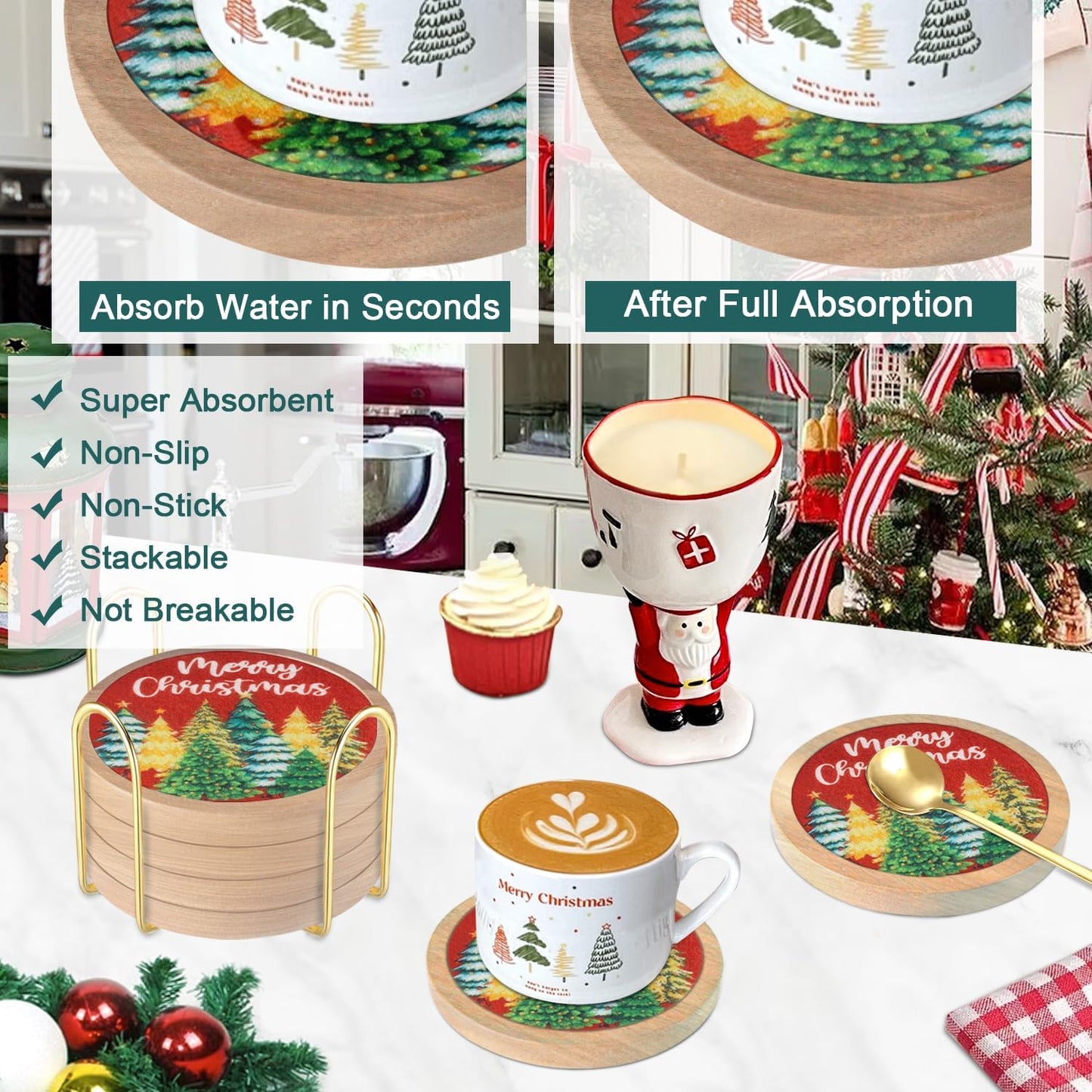 Christmas Tree Coasters for Drinks with Holder, Minacun Absorbent Coaster Set of 6, White Elephant Gifts, Secret Santa Gifts, Xmas Decor, Drinks Coasters for Coffee Tabletop Protection, 4.3 Inches