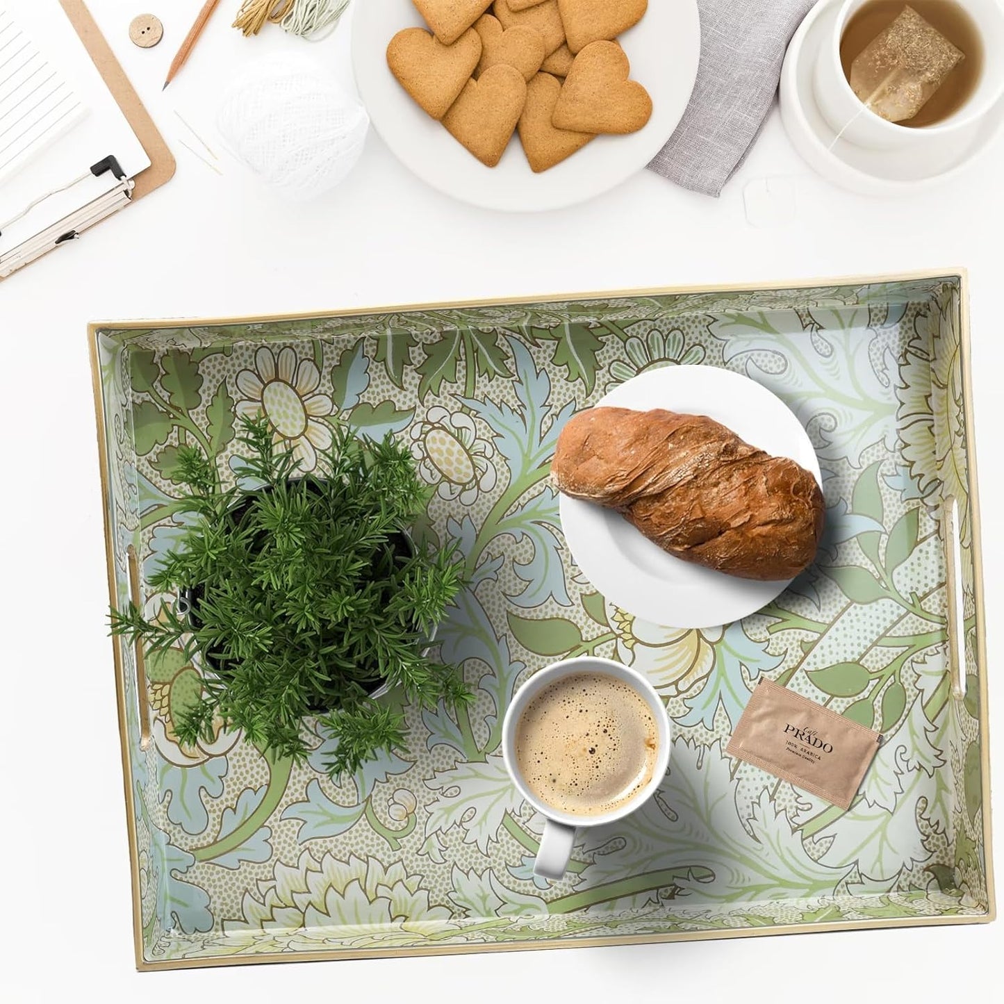 Spsyrine Serving Tray with Handles, Plastic Decorative Tray for Coffee Table, Living Room, Home Decor, Dianthus