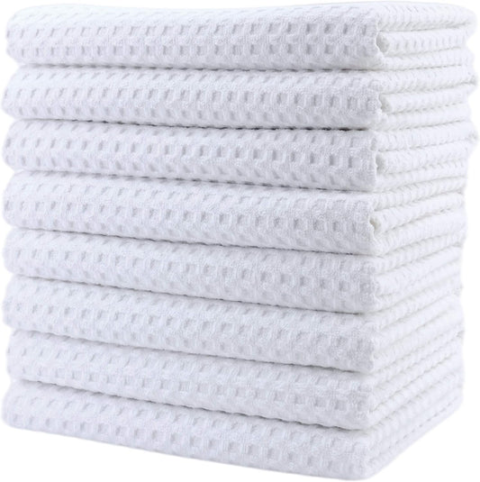 POLYTE Ultra Premium Microfiber Kitchen Dish Hand Towel Waffle Weave, 8 Pack (16x28 in, White)