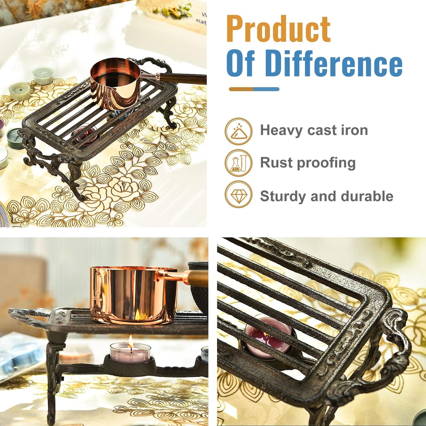 Sungmor Heavy Duty Cast Iron Teapot Dish Warmer Stable Holder for Tealight Stand | Tealight Warmer Decorative Stove for Villa Yard Balcony-Rectangle