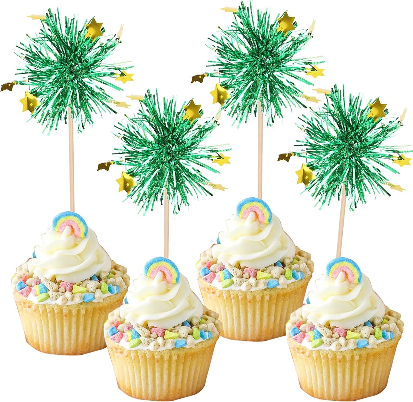 30 PCS Foil Firework Cupcake Toppers Happy Birthday Star Cupcake Picks Sparkle Tinsel Drink Stirrers Cocktail Fruit Toothpicks for Valentine's Day Wedding Birthday Party Decorations Supplies Green