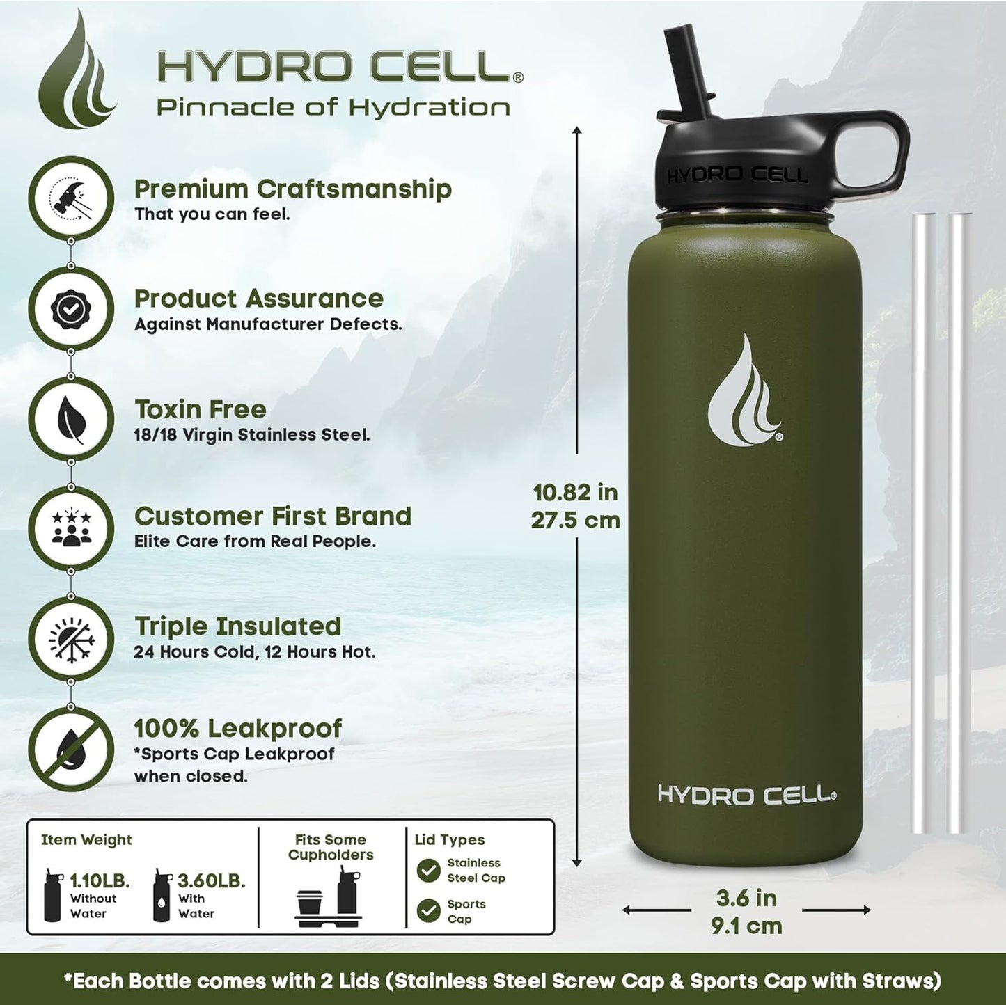 HYDRO CELL Stainless Steel Insulated Water Bottle with Straw - For Cold & Hot Drinks - Metal Vacuum Flask with Screw Cap and Modern Leakproof Sport Thermos for Adults (Army 40oz)