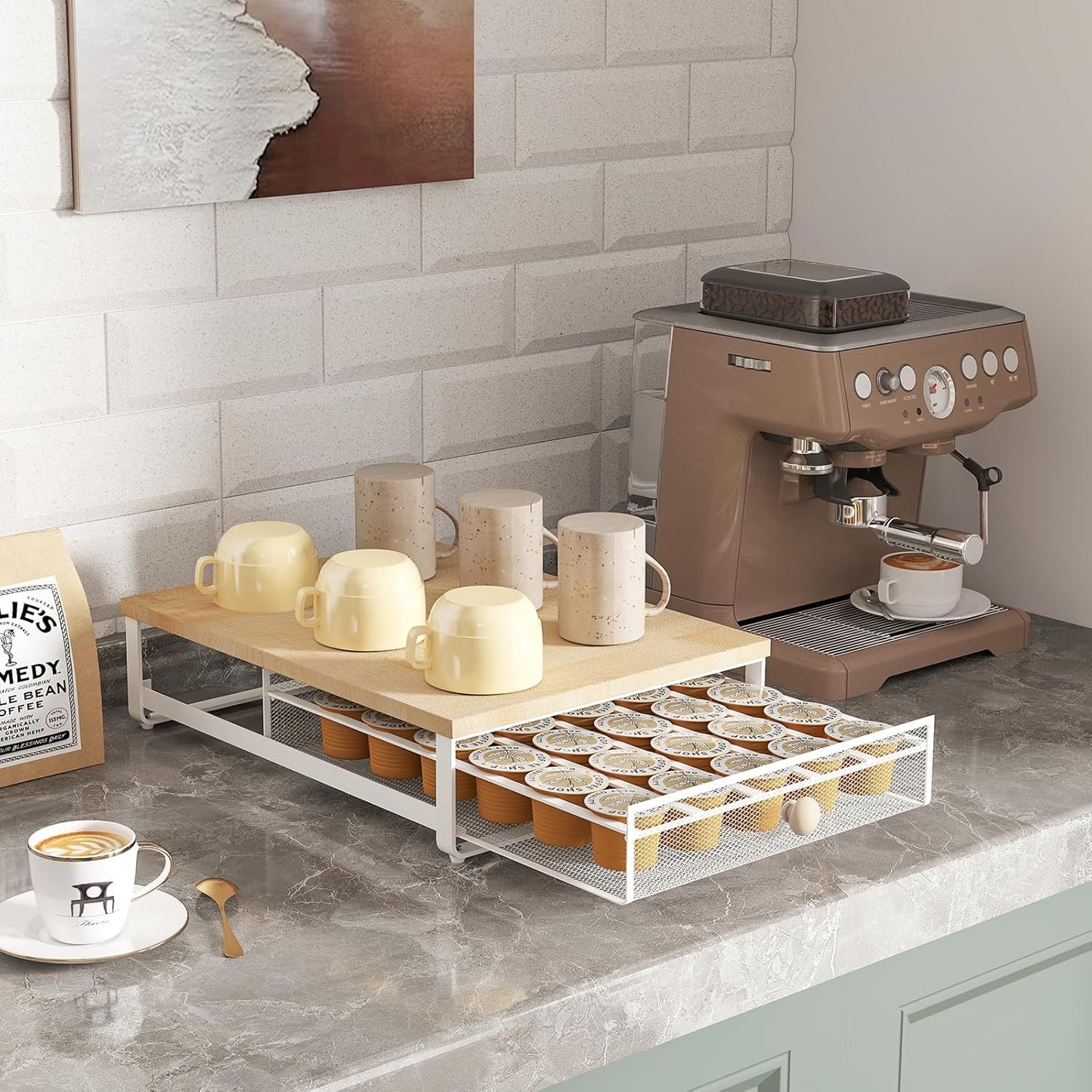 K Cup Organizer, Coffee Pod Holder Drawer, Under Brewer Storage Organizer with Sliding Drawer holds up to 35 K Cup Pods, No Assembly Needed, Natural colour