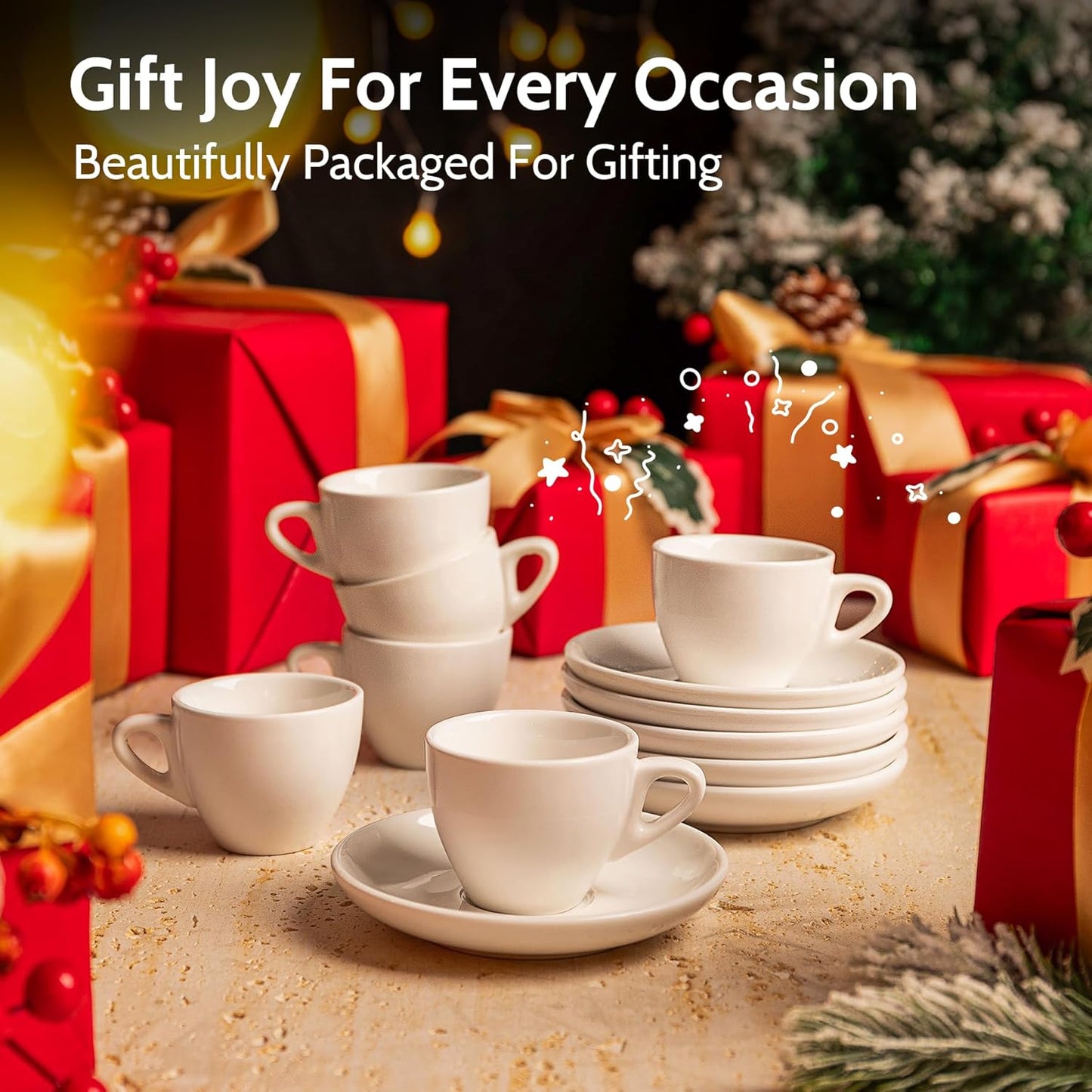 Sweese 4oz Porcelain Espresso Cups with Saucers, Set of 6 - Ideal for Espresso, Cappuccino, Latte, Tea - White