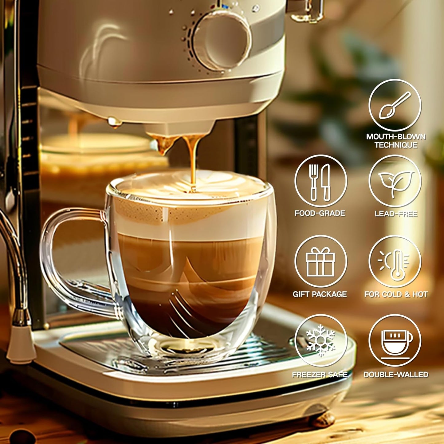 Set of 4 Double Walled Glass Coffee Mugs 8 Ounces Insulated Layer Coffee Cups with Handle Borosilicate Glass Espresso Cup for Hot Beverage,Cappuccino,Tea,Latte,Wine,Microwave Safe