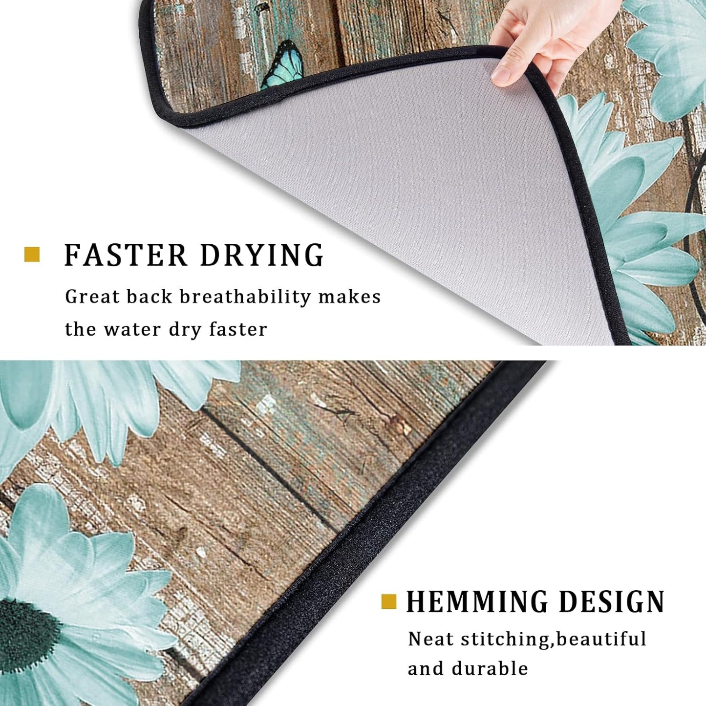 Rustic Daisy Dish Drying Mat for Kitchen Countertop 18x24 inch Teal Sunflowers on Wooden Board Dish Drainer Mats Fast Drying Country Vintage Style Shabby Chic Flower Dish Drying Pad Decor Large