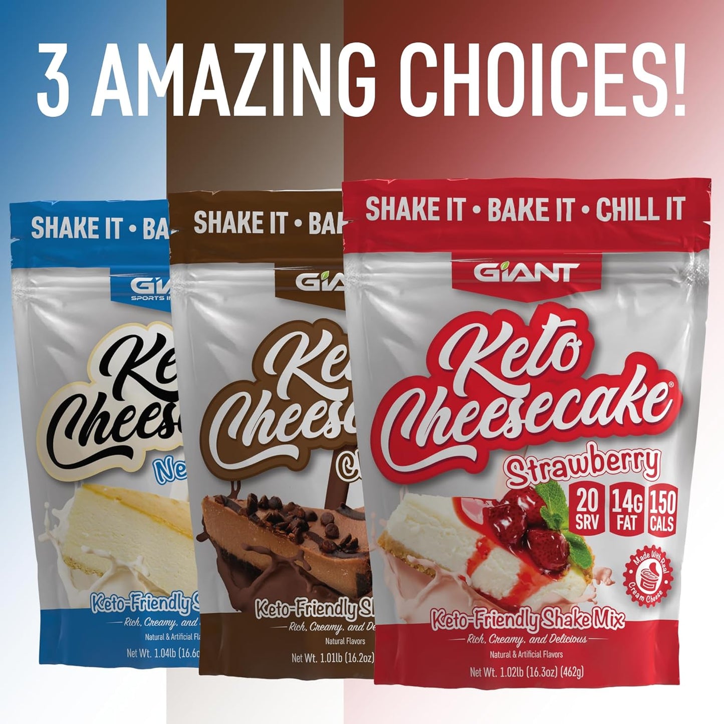 Giant Sports Keto Cheesecake Shake Mix - Delicious Low Carb, Ketogenic Diet Gluten Free Powder Mix - Works Great with Almond Milk - Strawberry (20 Serving Bag)