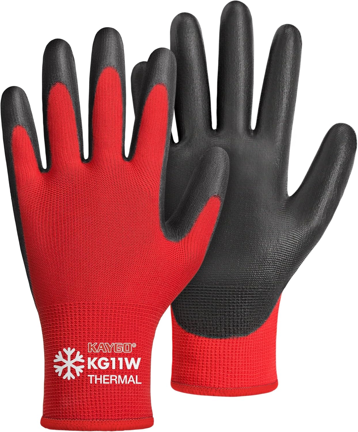KAYGO Winter Work Gloves for Men and Women, 12 Pairs Thermal Insulated Safety Work Gloves PU Coated, Smooth Grip on Palm & Fingers,Ideal for Freezer Work,Red,S