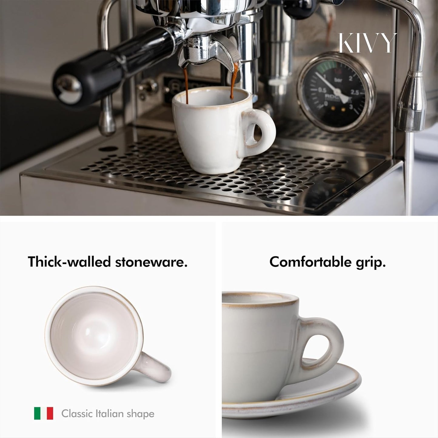 KIVY 3 oz Espresso cups set of 4 - Thick walled stoneware espresso cup set - Italian style espresso cups and saucers - Demitasse cups set of 4 - Small coffee mugs - Demitasse cups and saucers sets