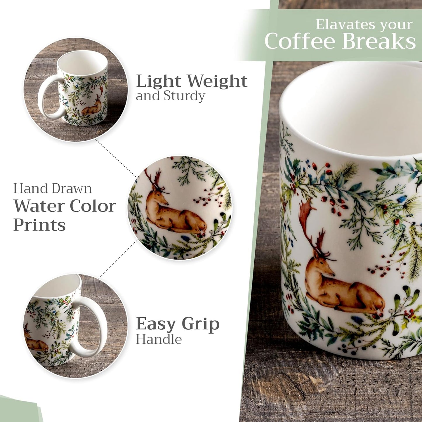 Maison d' Hermine Coffee Mug with Handles Fine Bone China Mugs Pack of One Tea Cups for Hot Beverages Cappuccino Latte Home Restaurant Office Perfect for Gift (Holly Time - Cerf, 15 Ounce)