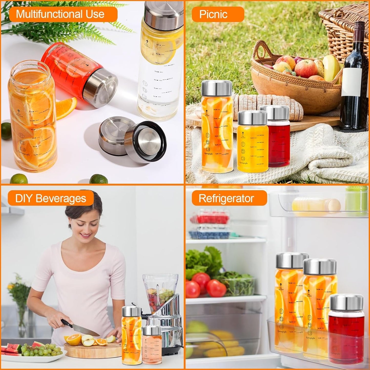 Glass Juice Bottles 4 Pack 12 oz - Wide Mouth Glass Water Bottles with Lids - for Juicing, Smoothies, Milk, Protein, BPA Free, Reusable, Stainless Steel Lids, Leak Proof, Shaker bottle [12oz/400ml]