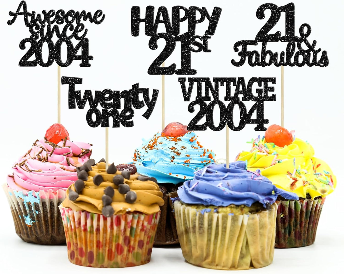 Gyufise 30pcs Vintage 2004 Cupcake Toppers Glitter Twenty-One Happy 21st Cupcake Picks Fabulous Anniversary Party Supplies Black
