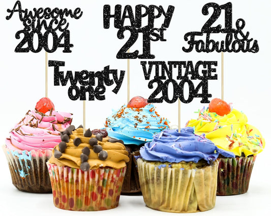 Gyufise 30pcs Vintage 2004 Cupcake Toppers Glitter Twenty-One Happy 21st Cupcake Picks Fabulous Anniversary Party Supplies Black